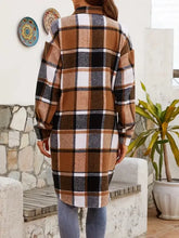Plaid collared neck long sleeve wool jacket in brown, white, black