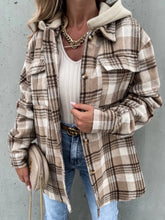 Plaid Hooded Shirt Jacket with Long Sleeve Length for Women Camel
