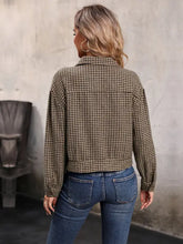 Brown Plaid Cropped Bomber Jacket with Houndstooth Collared Neck