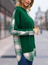 Womens green drawstring long sleeve slit hoodie with plaid sleeves