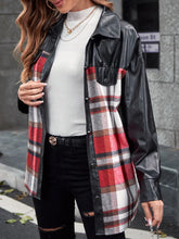 Womens Plaid and Faux Leather Jacket with Long Sleeve Length