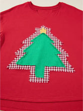 Red christmas tree-themed sweatshirt with green appliqué tree, gingham border, and yellow star topper; machine wash cold
