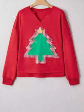Red christmas tree-themed sweatshirt with green appliqué tree, red and white checkered border, machine wash cold