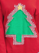 Plaid frayed double christmas tree patched drop shoulder sweatshirt in red with a handmade green tree appliqué machine wash cold