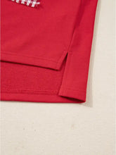 Red cotton plaid frayed double christmas tree patched sweatshirt with gingham neckline patch machine wash cold