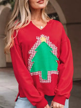 Red long-sleeved v-neck sweater with green felt christmas tree appliqué and checkered backing machine wash cold