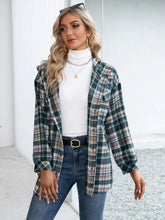 Plaid Hooded Shirt Jacket with Long Sleeve Length for Women Deep Teal