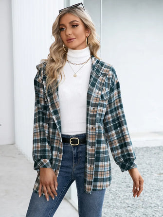 Plaid Hooded Shirt Jacket with Long Sleeve Length for Women Deep Teal