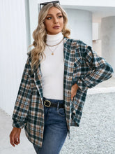 Plaid Hooded Shirt Jacket with Long Sleeve Length for Women