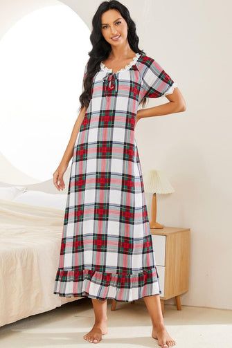 Plaid Lace Trim Nightgown with Short Sleeves Plaid