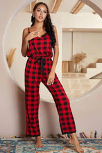 Red and black plaid lace trim spaghetti strap jumpsuit with adjustable strap length and drawstring waistband
