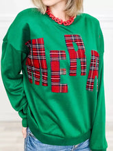 Green machine wash cold plaid letter graphic round neck sweatshirt with bold red mera lettering on chest