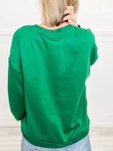 Plaid letter graphic round neck sweatshirt in vibrant green with long sleeves and loose fit machine wash cold