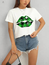 Women’s white short-sleeved graphic round neck t-shirt with plaid lip graphic