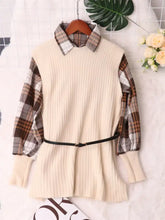 Plaid long sleeve cream ribbed knit sweater dress with black belt
