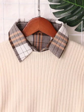 Plaid long sleeve sweater dress with beige ribbed knit and plaid collar