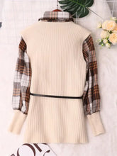 Cream-colored ribbed knit Plaid Long Sleeve Sweater Dress with plaid sleeves, black belt