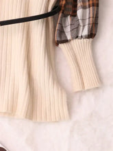 Cream-colored ribbed knit Plaid Long Sleeve Sweater Dress with plaid sleeve cuff