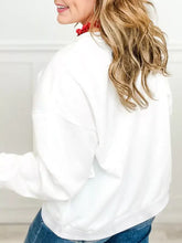 White oversized plaid merry christmas vacation sweatshirt with relaxed fit and ribbed cuffs machine wash cold