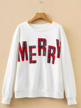 White long-sleeved sweatshirt with bold red plaid merry lettering across the chest machine wash cold recommended