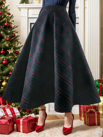 Plaid Midi Skirt with Elastic Waistband Dark Navy
