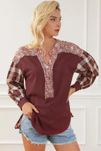 Plaid Notched Neck Slit Blouse Burgundy Woman Blouses
