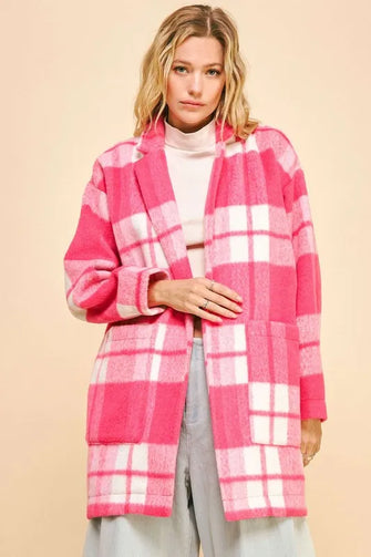 Plaid Open Front Drop Shoulder Longline Coat for Women Hot Pink