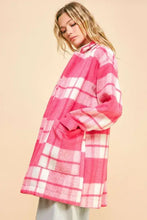 Pink plaid open front drop shoulder longline coat for women