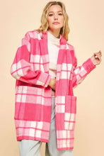 Pink and white plaid open front drop shoulder longline coat with pockets