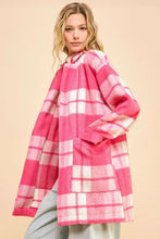 Pink plaid open front drop shoulder longline coat for women
