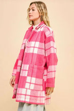 Pink plaid open front drop shoulder longline coat with hood and oversized pockets