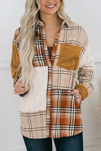 Plaid patchwork button-down shirt in mustard yellow, beige, brown with corduroy details and pockets