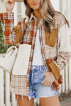 Plaid patchwork button-down shirt with corduroy details, faux fur lining, and denim shorts