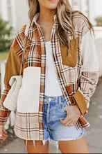 Plaid patchwork button-down shirt with corduroy details, denim shorts, tan bag