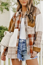Plaid patchwork button-down shirt with corduroy details in beige, brown, white