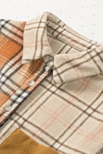 Plaid patchwork button-down shirt with corduroy details in orange, beige, brown