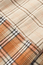 Plaid patchwork button-down shirt with corduroy details on beige background