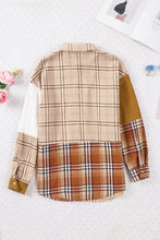 Plaid patchwork button-down shirt in beige, brown, mustard yellow with corduroy details