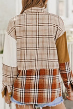 Plaid patchwork button-down shirt in beige, brown, white cotton with corduroy details