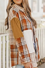Plaid patchwork button-down shirt with cotton and corduroy details in brown, beige, white