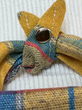 Yellow and blue plaid pet scarf bow with silver center button for pet’s neck