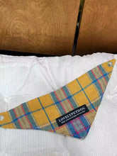 Plaid pet scarf with yellow plaid, stripes, lovelypetdog label, snaps for pets neck