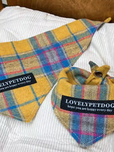 Yellow and blue plaid pet scarf with LovelyPetDog happy label for pets neck