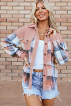 Plaid pink and white jacket with denim shorts and white crop top