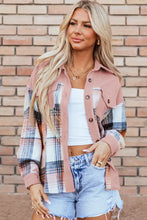 Plaid pink and white button-closure jacket with denim shorts