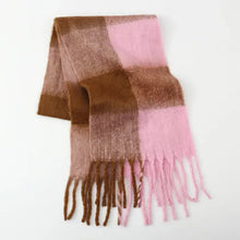 Pink and brown contrast plaid polyester scarf with fringe
