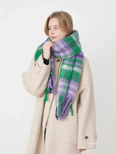Soft green and purple plaid polyester scarf with fringe detailing