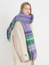 Soft plaid polyester scarf with fringe in purple and green stripes