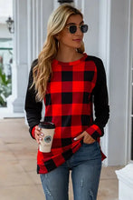 Red and black buffalo plaid round neck long sleeve T-shirt with raglan sleeves
