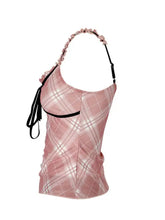 Pink and white plaid ruffle trim cami with halter top design and black trim for stylish summer wear
